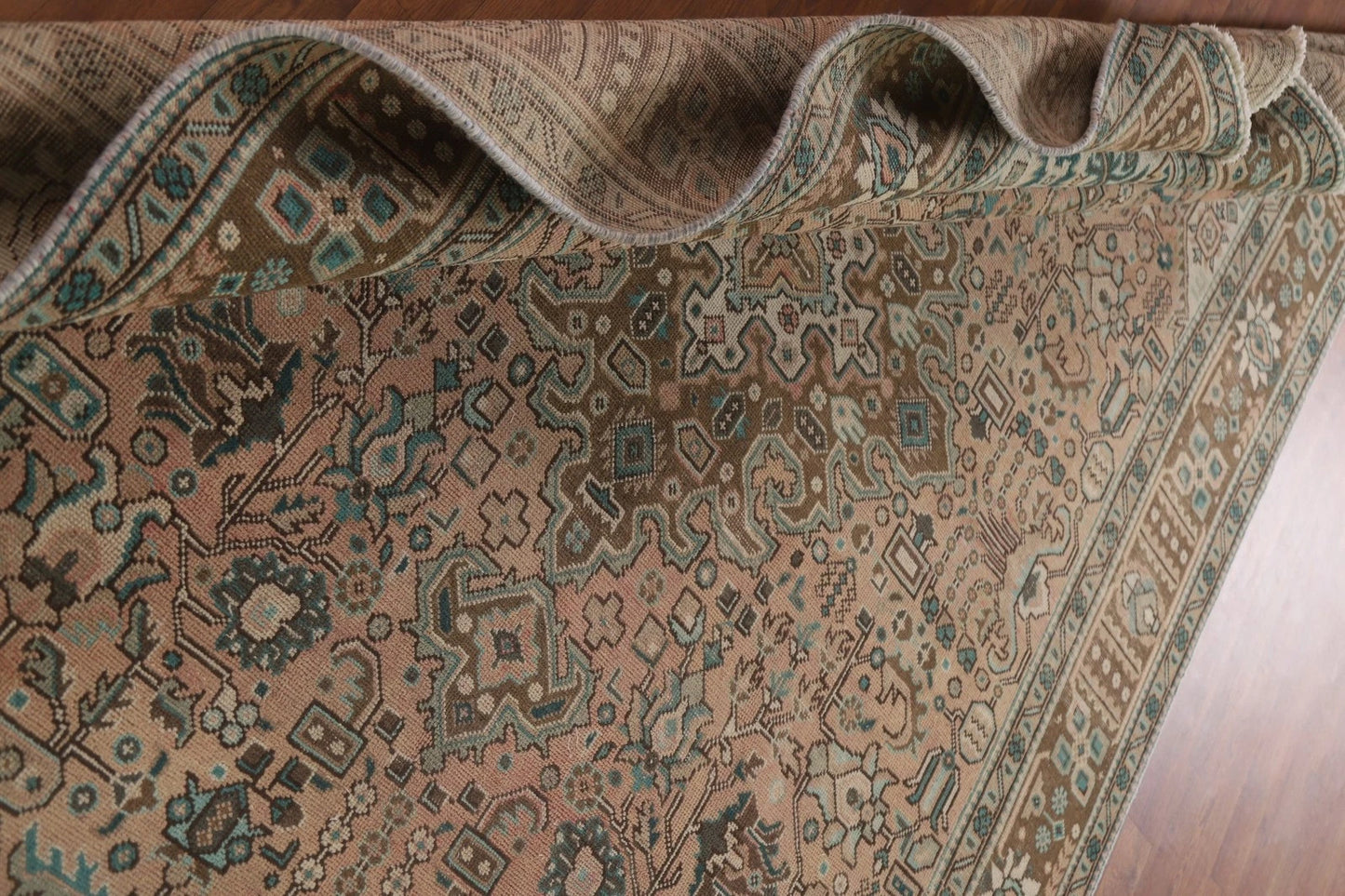 Hand Knotted Antique Heriz Warm Taupe and Sage 8x10 Geometric Medallion Wool Area Rug