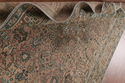 Hand Knotted Antique Heriz Warm Taupe and Sage 8x10 Geometric Medallion Wool Area Rug