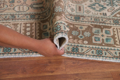 Hand Knotted Antique Heriz Warm Taupe and Sage 8x10 Geometric Medallion Wool Area Rug