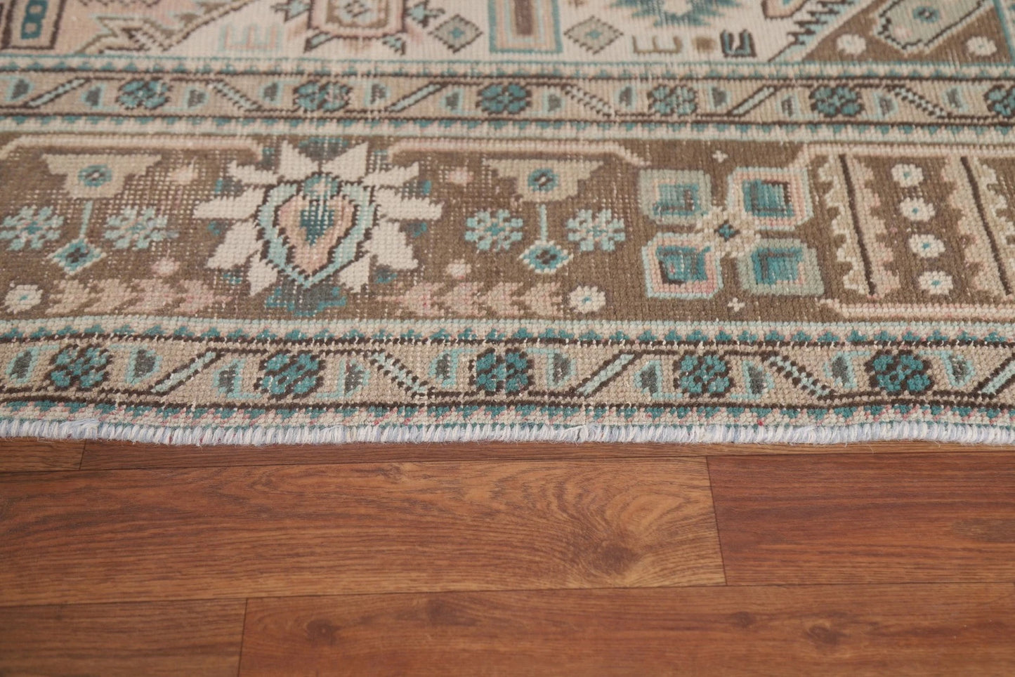 Hand Knotted Antique Heriz Warm Taupe and Sage 8x10 Geometric Medallion Wool Area Rug