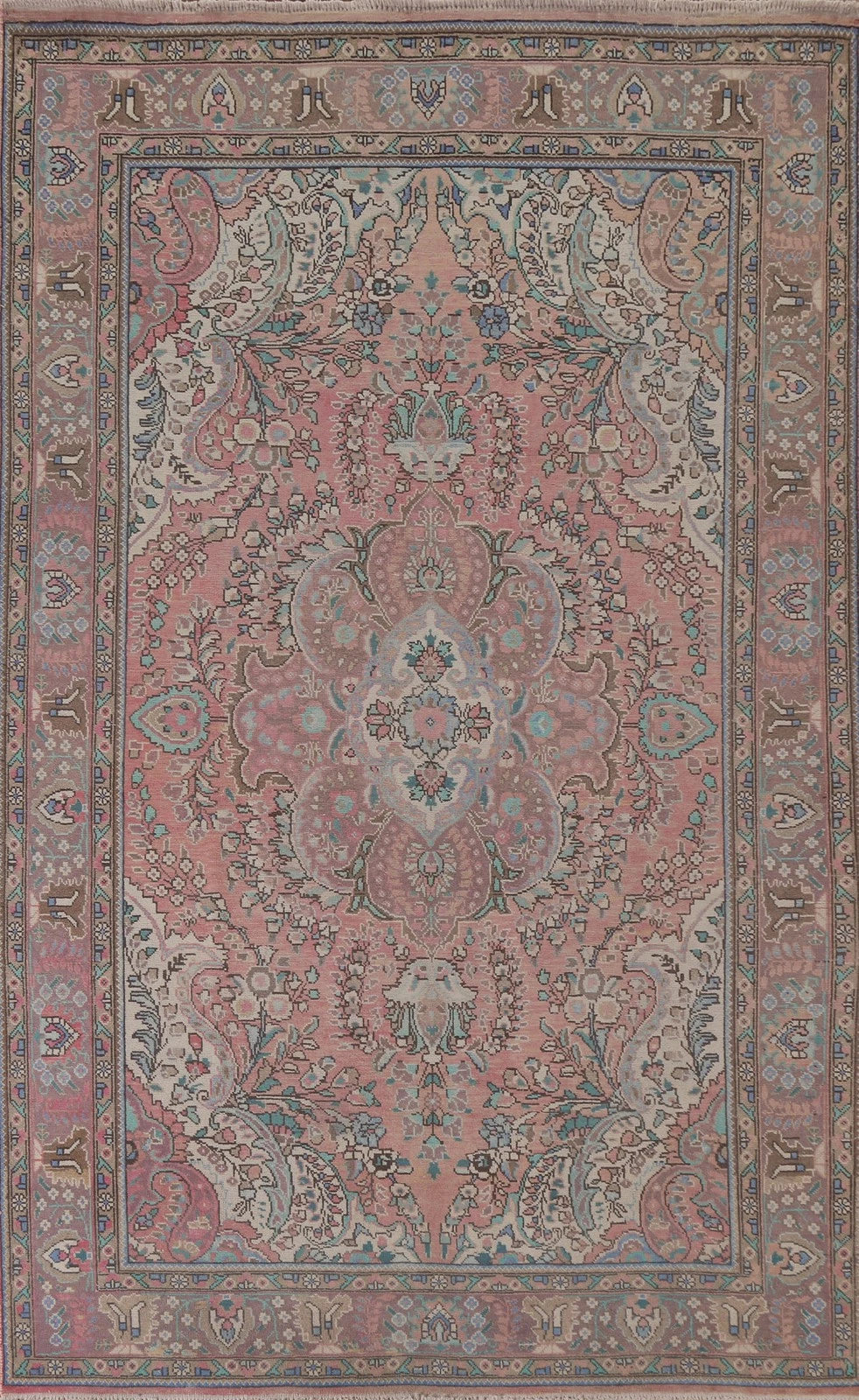 Romantic Dusty Rose and Sage 8x10 Hand Knotted Antique Heriz Serapi Floral Medallion Wool Area Rug