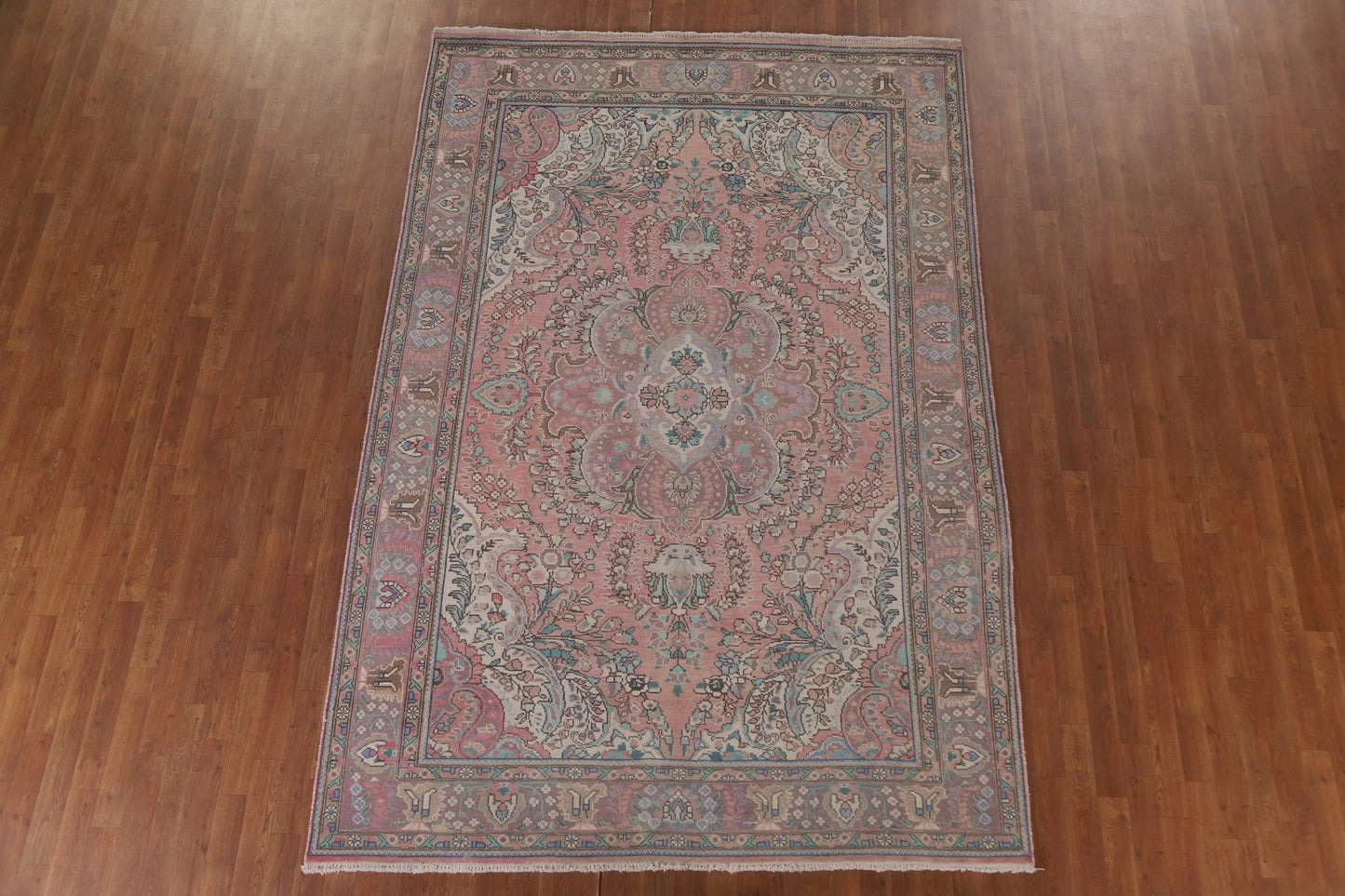 Romantic Dusty Rose and Sage 8x10 Hand Knotted Antique Heriz Serapi Floral Medallion Wool Area Rug