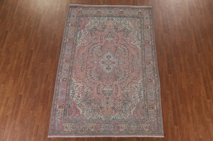 Romantic Dusty Rose and Sage 8x10 Hand Knotted Antique Heriz Serapi Floral Medallion Wool Area Rug
