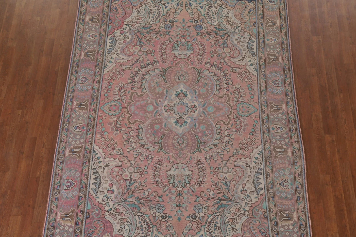 Romantic Dusty Rose and Sage 8x10 Hand Knotted Antique Heriz Serapi Floral Medallion Wool Area Rug