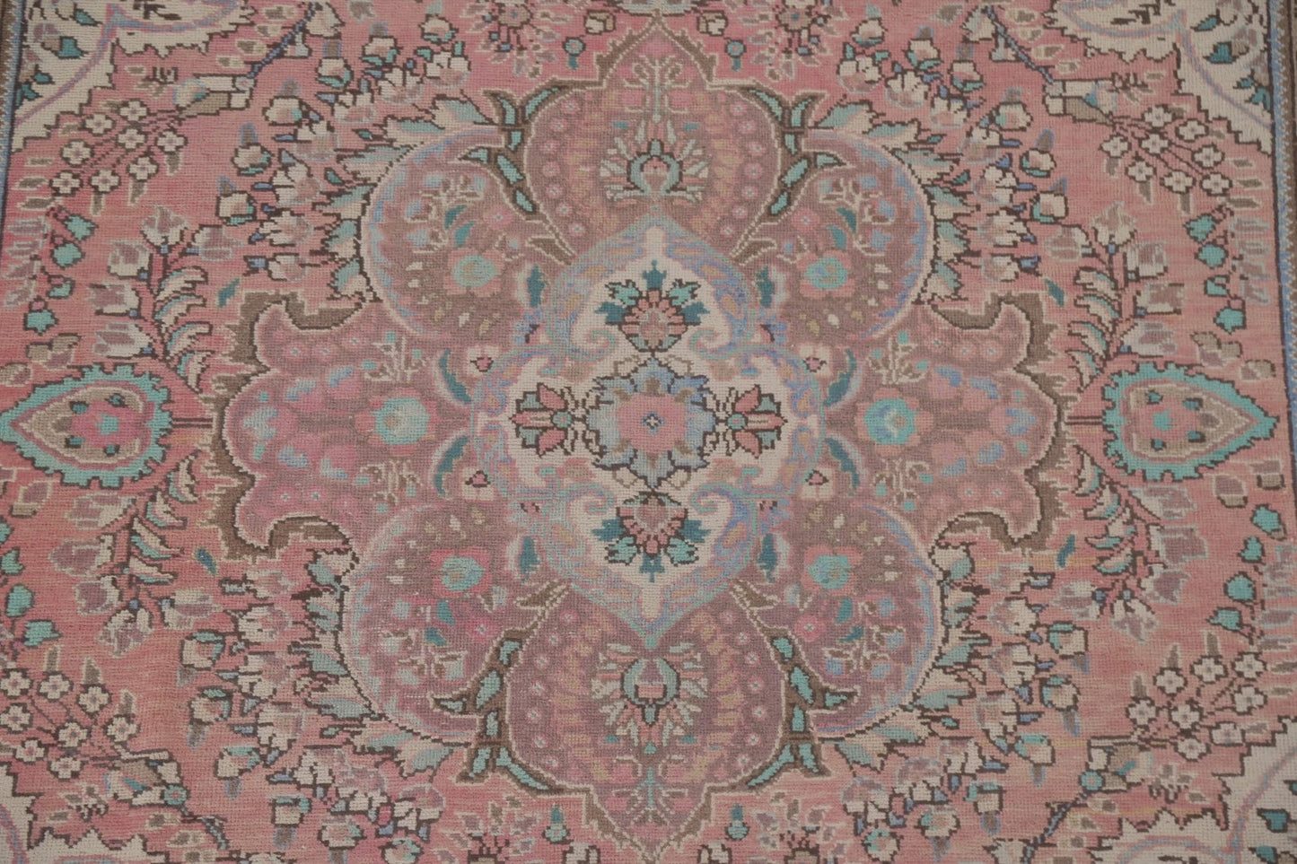 Romantic Dusty Rose and Sage 8x10 Hand Knotted Antique Heriz Serapi Floral Medallion Wool Area Rug