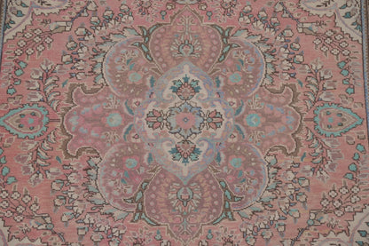 Romantic Dusty Rose and Sage 8x10 Hand Knotted Antique Heriz Serapi Floral Medallion Wool Area Rug