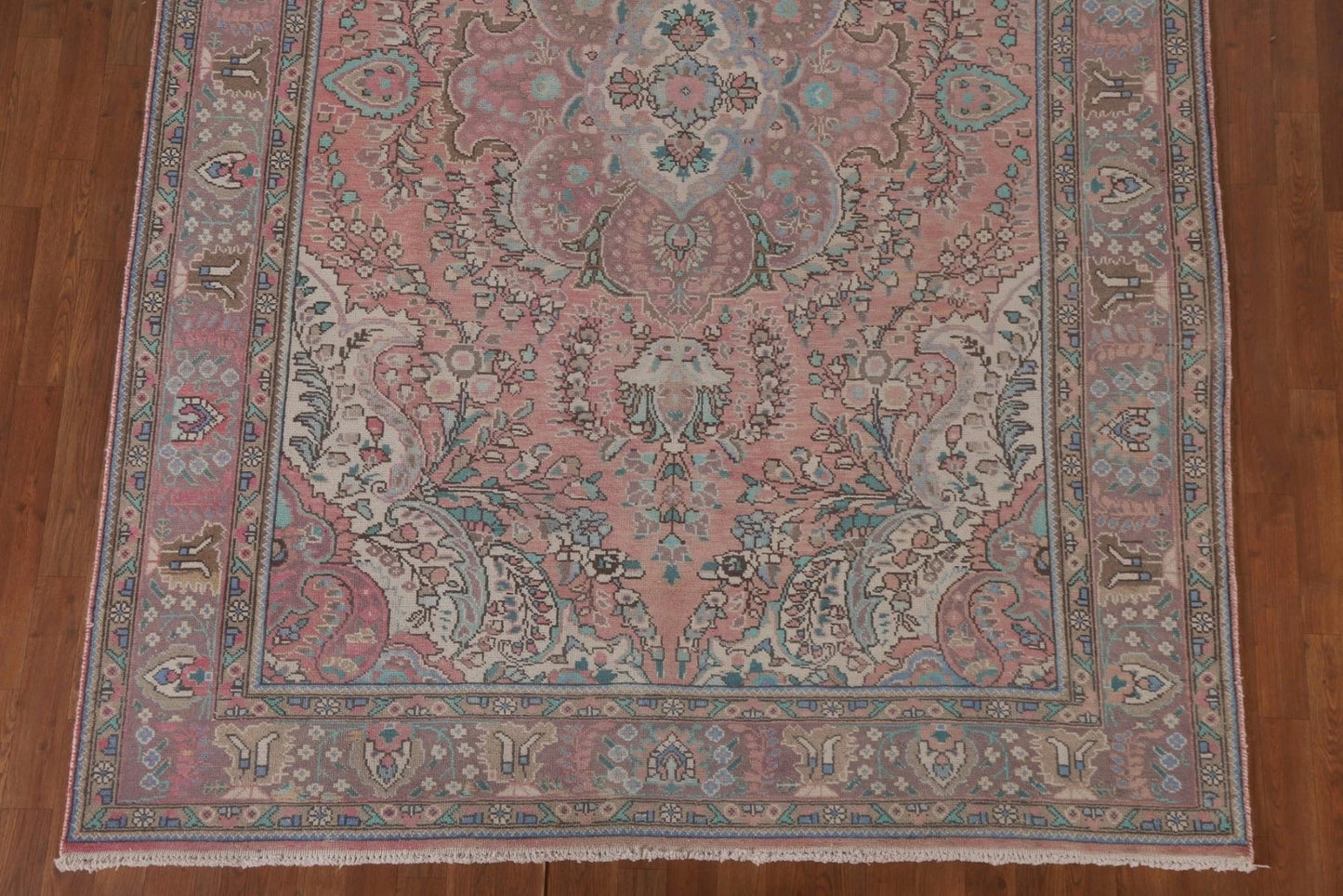 Romantic Dusty Rose and Sage 8x10 Hand Knotted Antique Heriz Serapi Floral Medallion Wool Area Rug