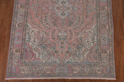 Romantic Dusty Rose and Sage 8x10 Hand Knotted Antique Heriz Serapi Floral Medallion Wool Area Rug