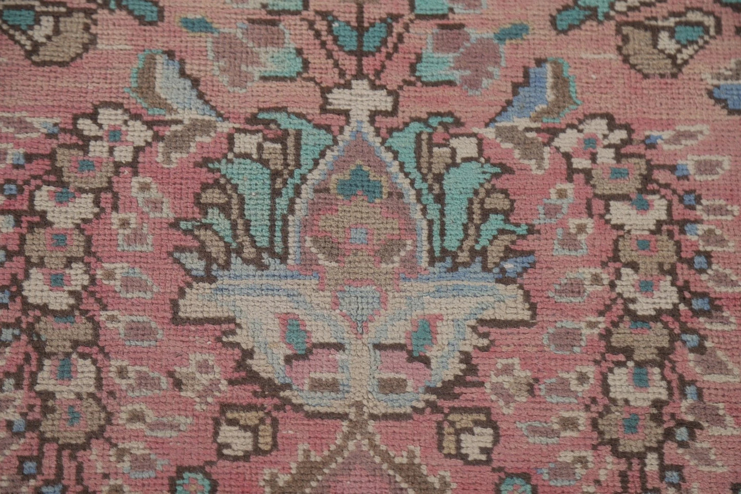 Romantic Dusty Rose and Sage 8x10 Hand Knotted Antique Heriz Serapi Floral Medallion Wool Area Rug