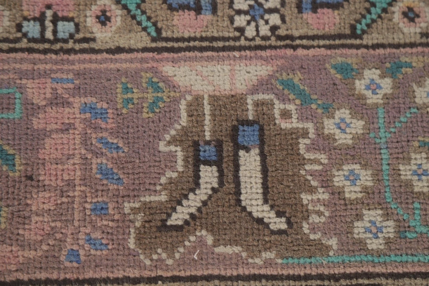 Romantic Dusty Rose and Sage 8x10 Hand Knotted Antique Heriz Serapi Floral Medallion Wool Area Rug