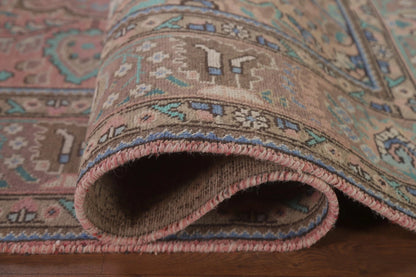 Romantic Dusty Rose and Sage 8x10 Hand Knotted Antique Heriz Serapi Floral Medallion Wool Area Rug