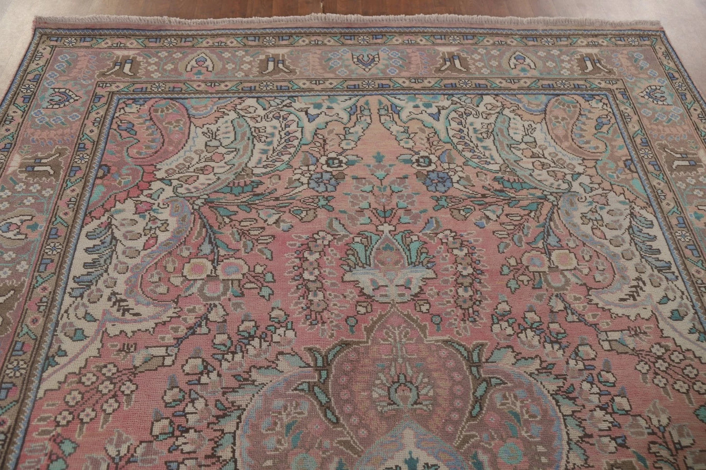 Romantic Dusty Rose and Sage 8x10 Hand Knotted Antique Heriz Serapi Floral Medallion Wool Area Rug
