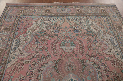 Romantic Dusty Rose and Sage 8x10 Hand Knotted Antique Heriz Serapi Floral Medallion Wool Area Rug