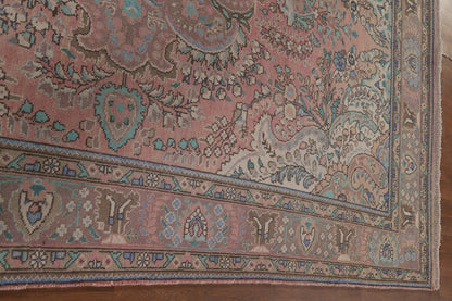 Romantic Dusty Rose and Sage 8x10 Hand Knotted Antique Heriz Serapi Floral Medallion Wool Area Rug