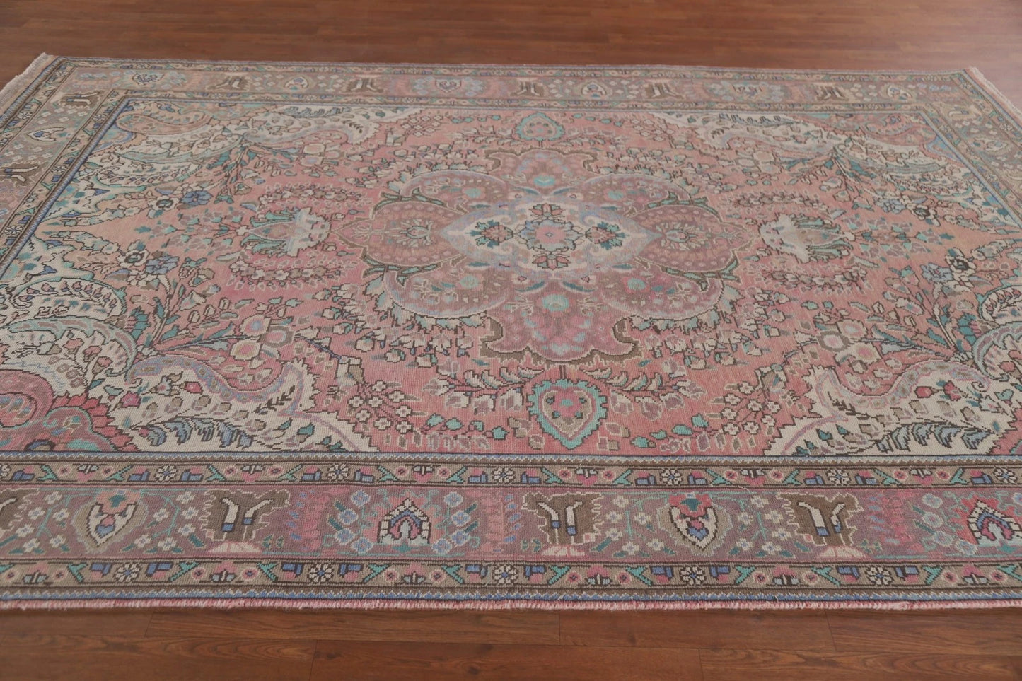 Romantic Dusty Rose and Sage 8x10 Hand Knotted Antique Heriz Serapi Floral Medallion Wool Area Rug