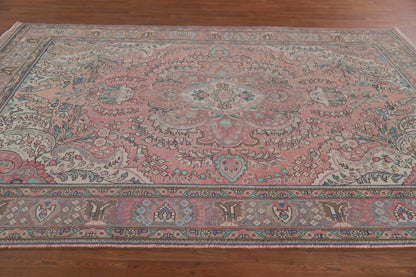 Romantic Dusty Rose and Sage 8x10 Hand Knotted Antique Heriz Serapi Floral Medallion Wool Area Rug