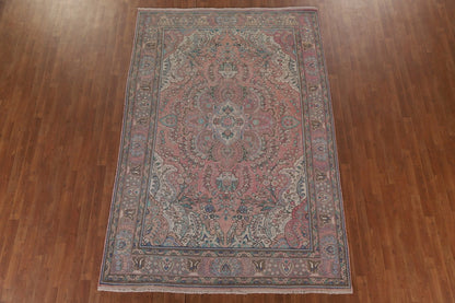 Romantic Dusty Rose and Sage 8x10 Hand Knotted Antique Heriz Serapi Floral Medallion Wool Area Rug