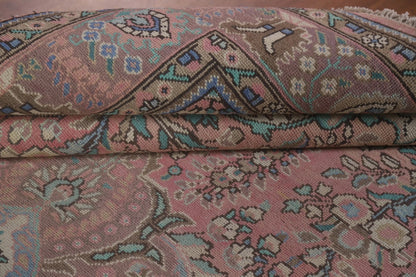 Romantic Dusty Rose and Sage 8x10 Hand Knotted Antique Heriz Serapi Floral Medallion Wool Area Rug