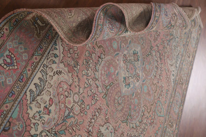 Romantic Dusty Rose and Sage 8x10 Hand Knotted Antique Heriz Serapi Floral Medallion Wool Area Rug