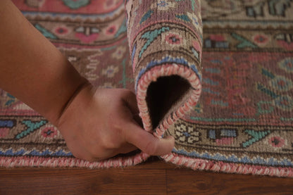 Romantic Dusty Rose and Sage 8x10 Hand Knotted Antique Heriz Serapi Floral Medallion Wool Area Rug
