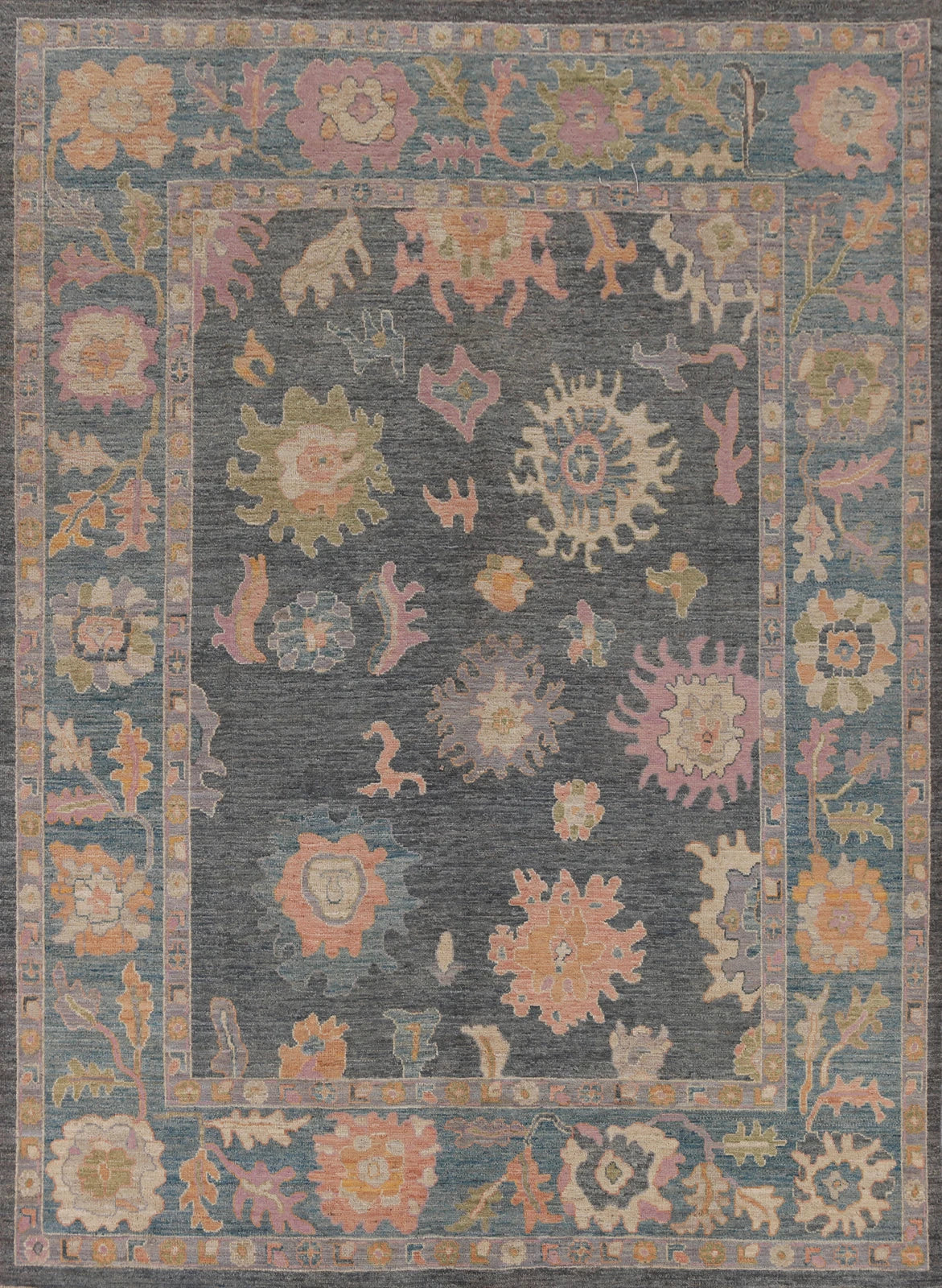 8x10 Vibrant Colorful Charcoal and Blush Oushak Hand Knotted Large Floral Wool Area Rug