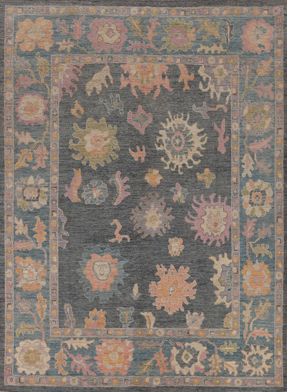8x10 Vibrant Colorful Charcoal and Blush Oushak Hand Knotted Large Floral Wool Area Rug