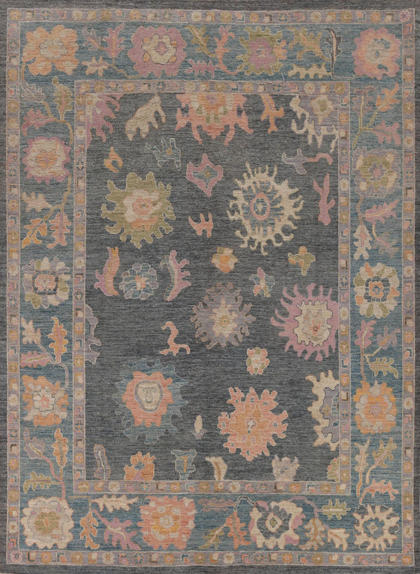 8x10 Vibrant Colorful Charcoal and Blush Oushak Hand Knotted Large Floral Wool Area Rug