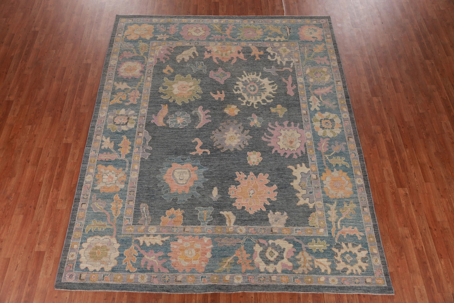 8x10 Vibrant Colorful Charcoal and Blush Oushak Hand Knotted Large Floral Wool Area Rug