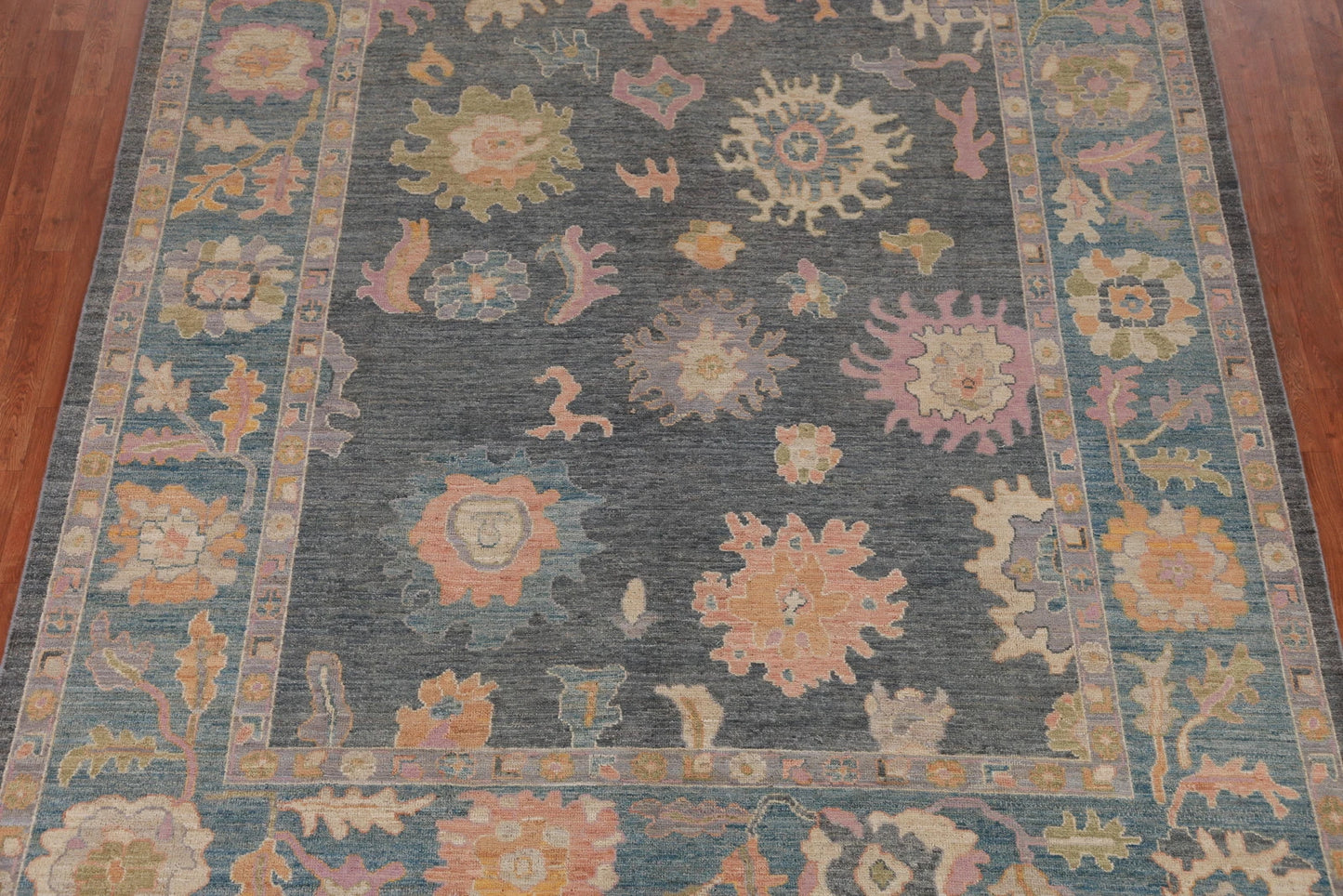 8x10 Vibrant Colorful Charcoal and Blush Oushak Hand Knotted Large Floral Wool Area Rug