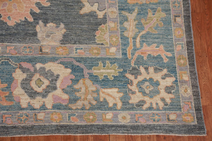 8x10 Vibrant Colorful Charcoal and Blush Oushak Hand Knotted Large Floral Wool Area Rug