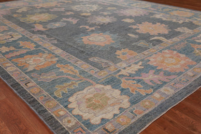 8x10 Vibrant Colorful Charcoal and Blush Oushak Hand Knotted Large Floral Wool Area Rug