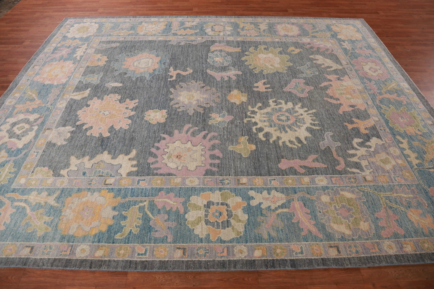 8x10 Vibrant Colorful Charcoal and Blush Oushak Hand Knotted Large Floral Wool Area Rug