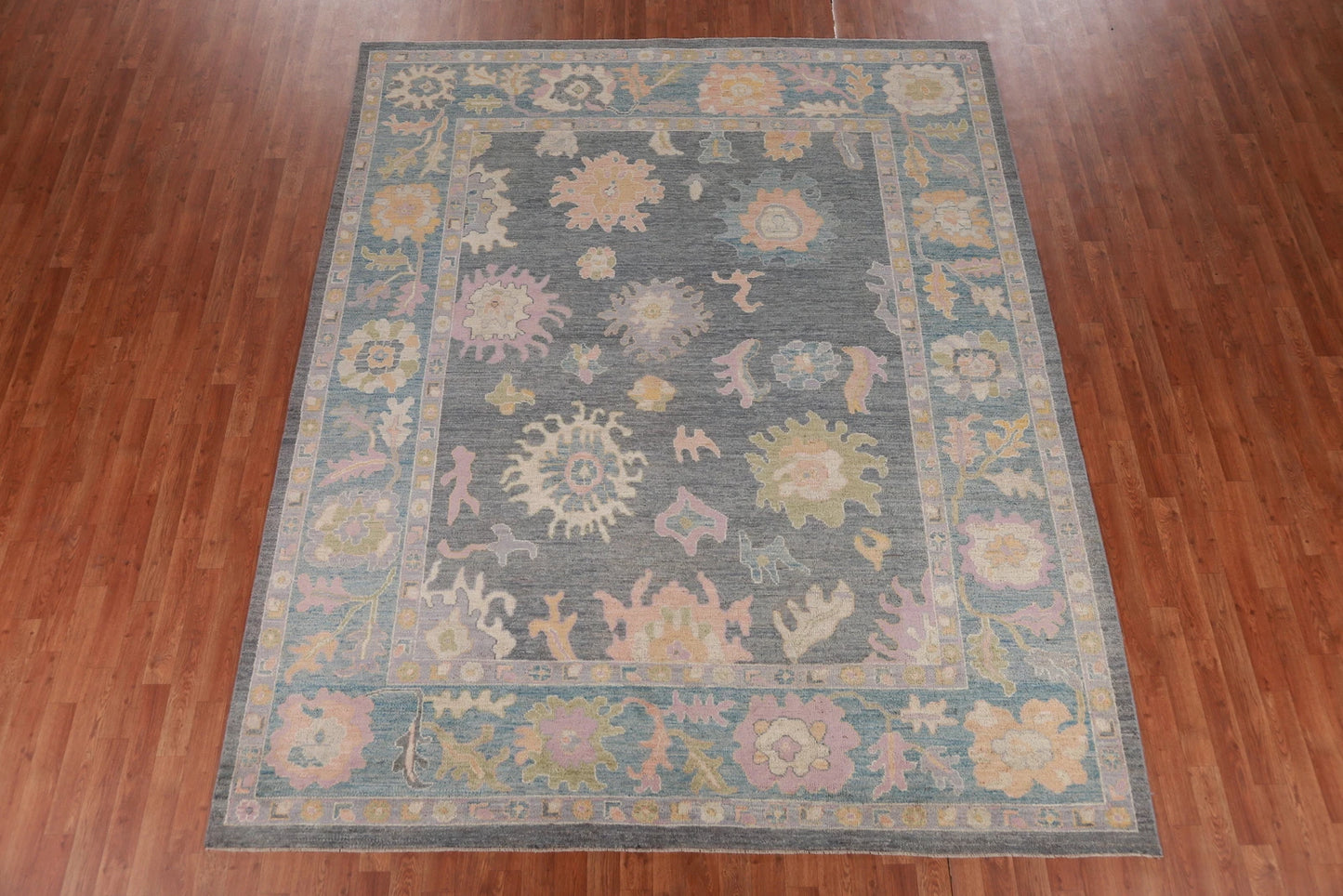 8x10 Vibrant Colorful Charcoal and Blush Oushak Hand Knotted Large Floral Wool Area Rug