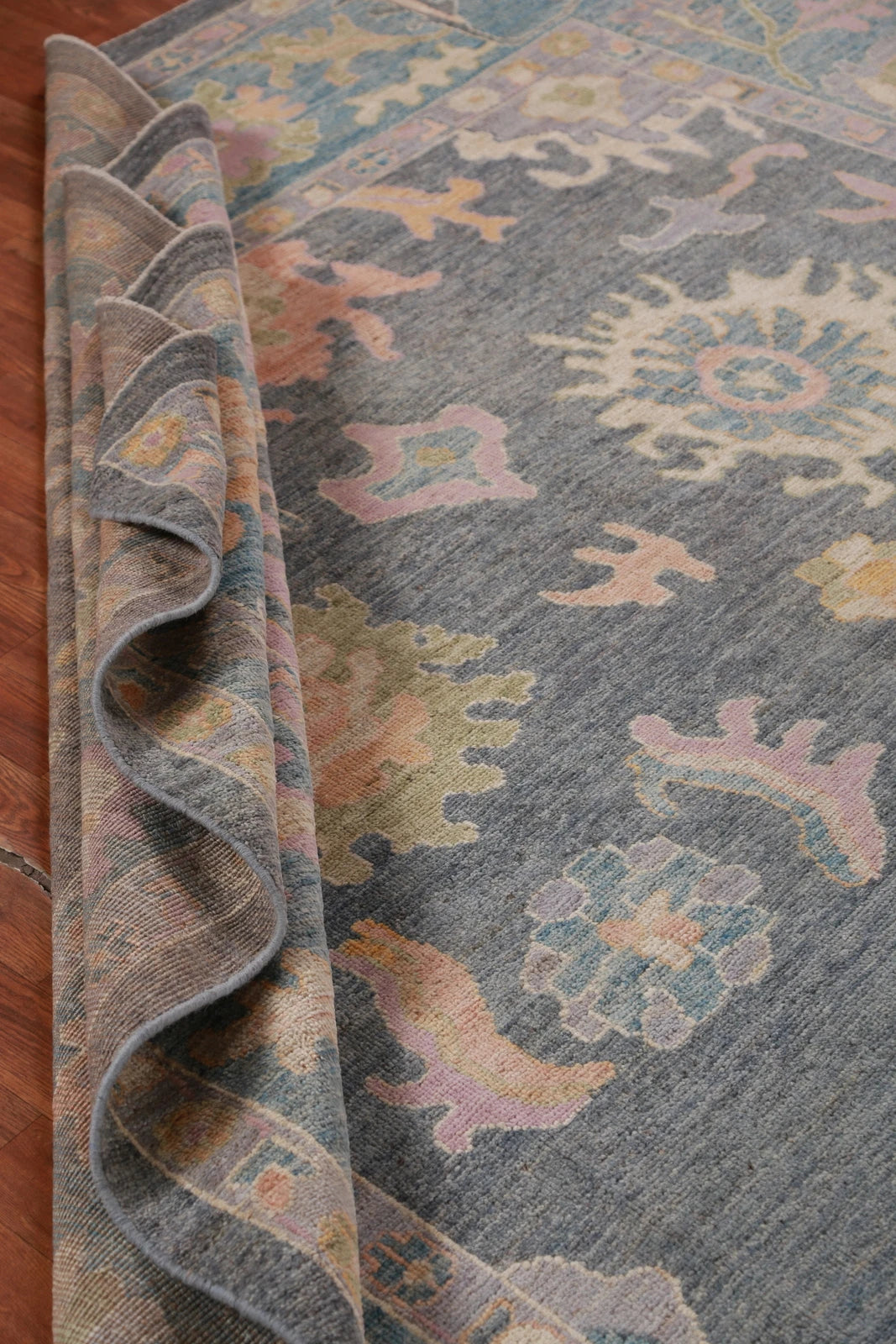 8x10 Vibrant Colorful Charcoal and Blush Oushak Hand Knotted Large Floral Wool Area Rug