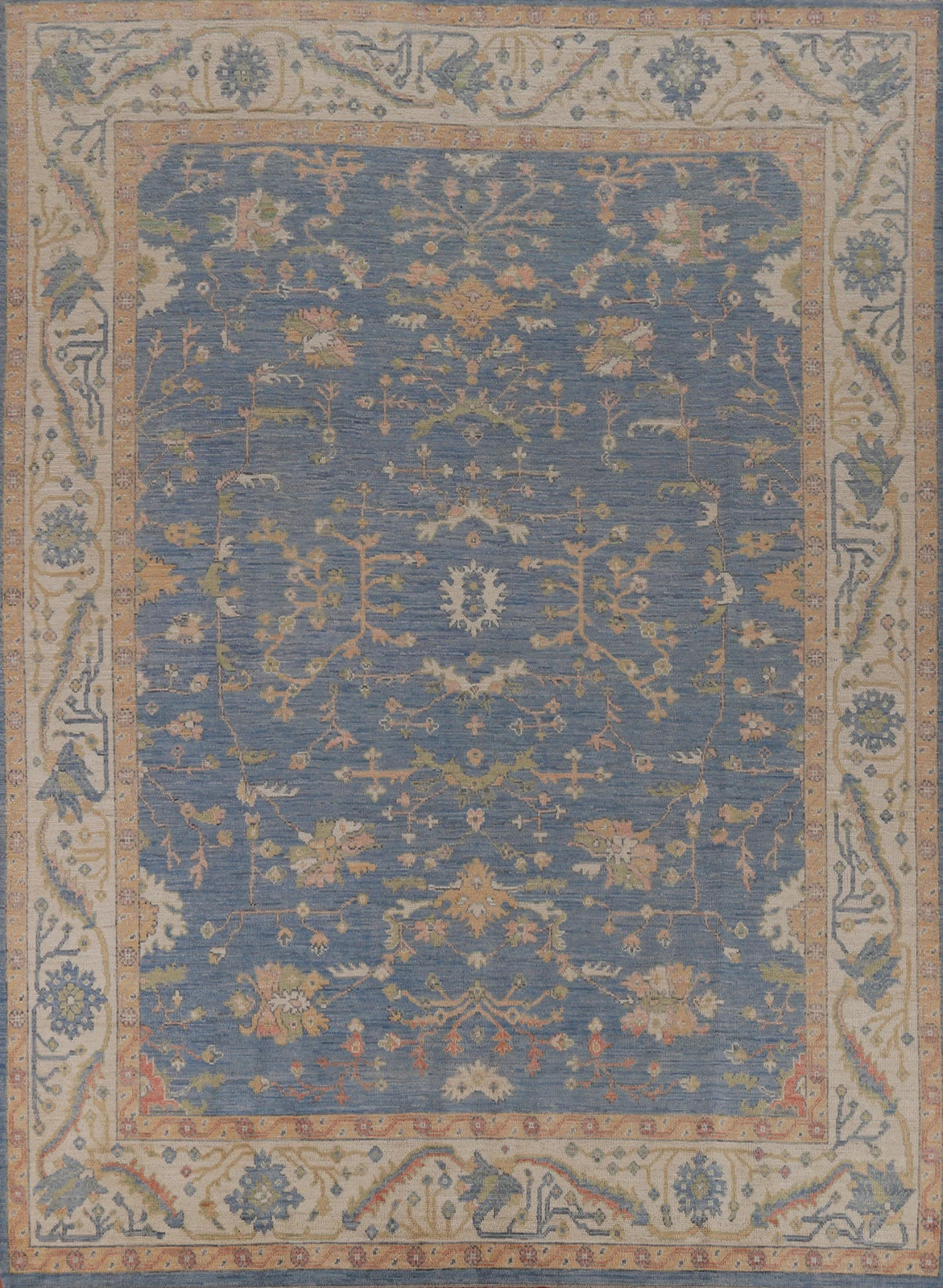 All-Over Floral Oushak Denim Blue and Ivory Antique Oriental 8x10 Hand Knotted Wool Area Rug