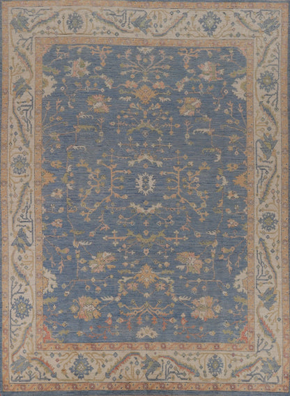 All-Over Floral Oushak Denim Blue and Ivory Antique Oriental 8x10 Hand Knotted Wool Area Rug