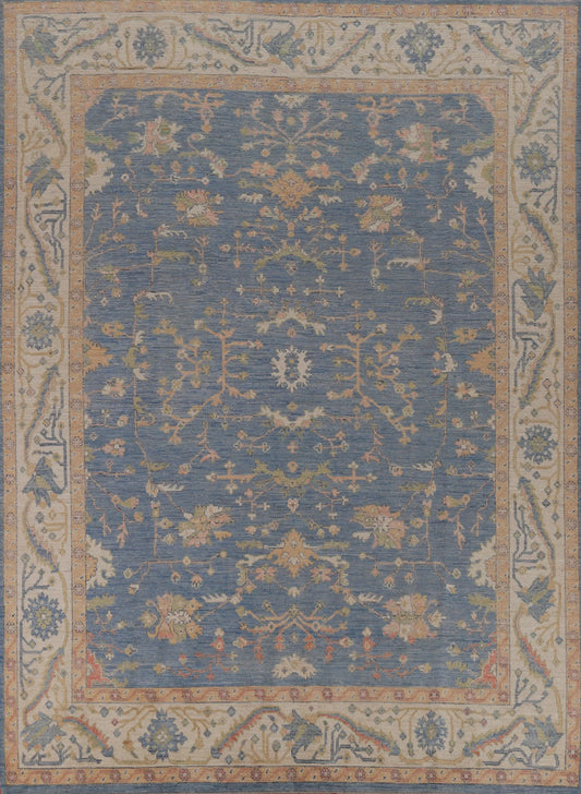 All-Over Floral Oushak Denim Blue and Ivory Antique Oriental 8x10 Hand Knotted Wool Area Rug