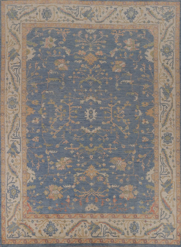 All-Over Floral Oushak Denim Blue and Ivory Antique Oriental 8x10 Hand Knotted Wool Area Rug