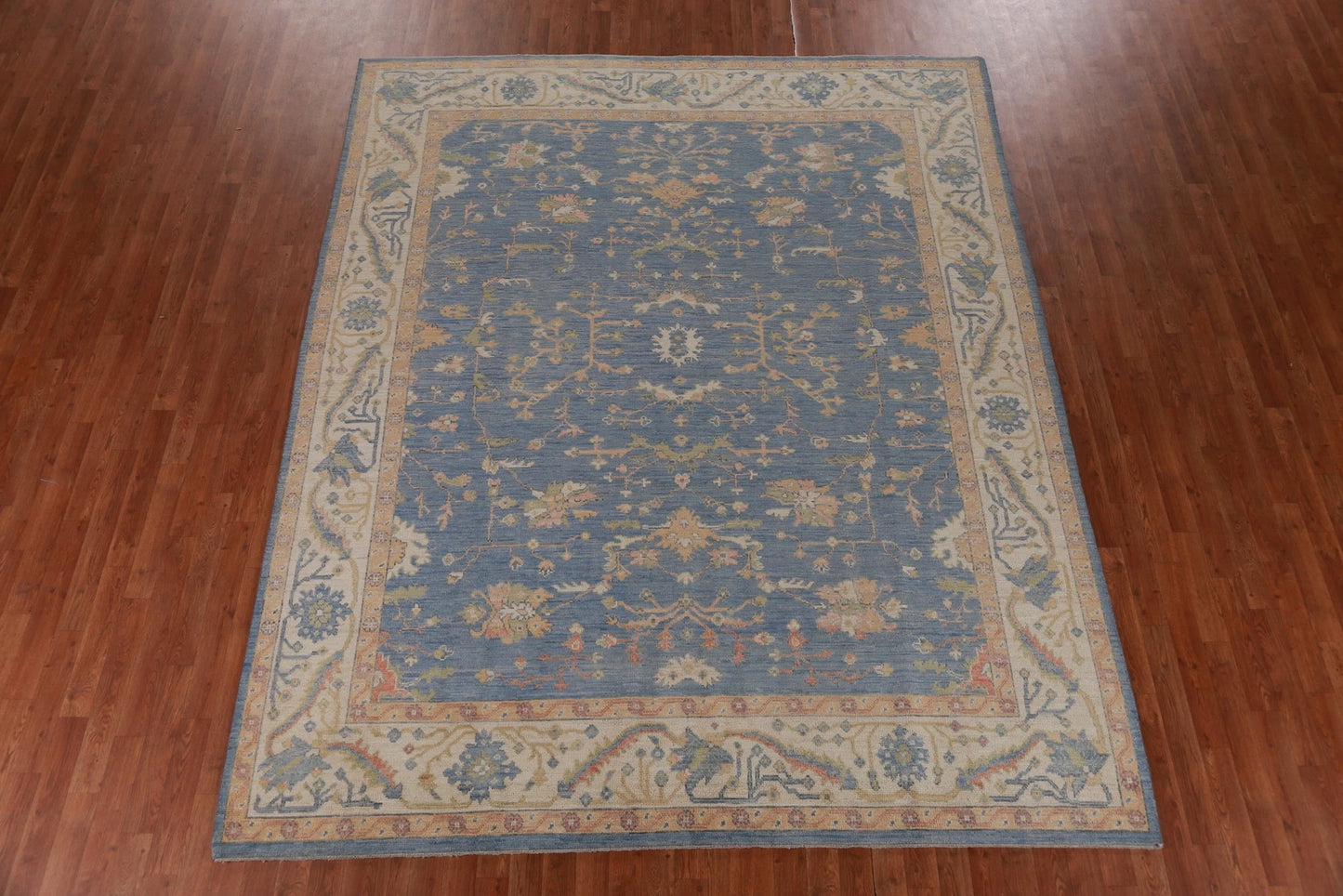 All-Over Floral Oushak Denim Blue and Ivory Antique Oriental 8x10 Hand Knotted Wool Area Rug