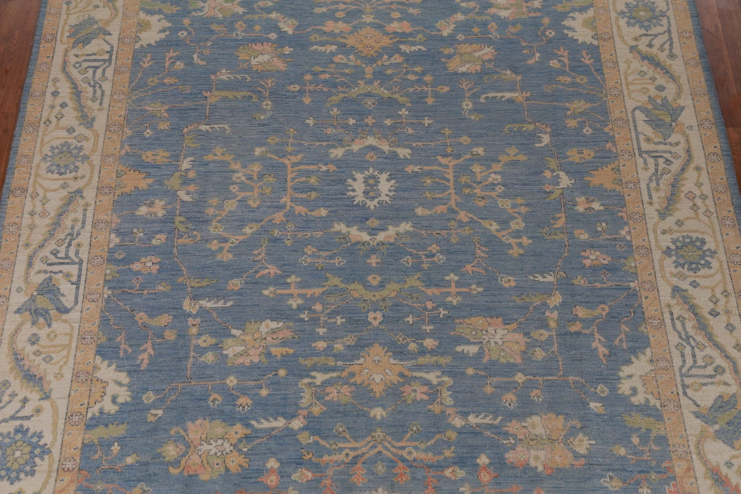 All-Over Floral Oushak Denim Blue and Ivory Antique Oriental 8x10 Hand Knotted Wool Area Rug