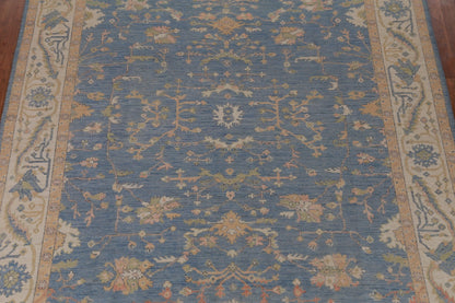 All-Over Floral Oushak Denim Blue and Ivory Antique Oriental 8x10 Hand Knotted Wool Area Rug