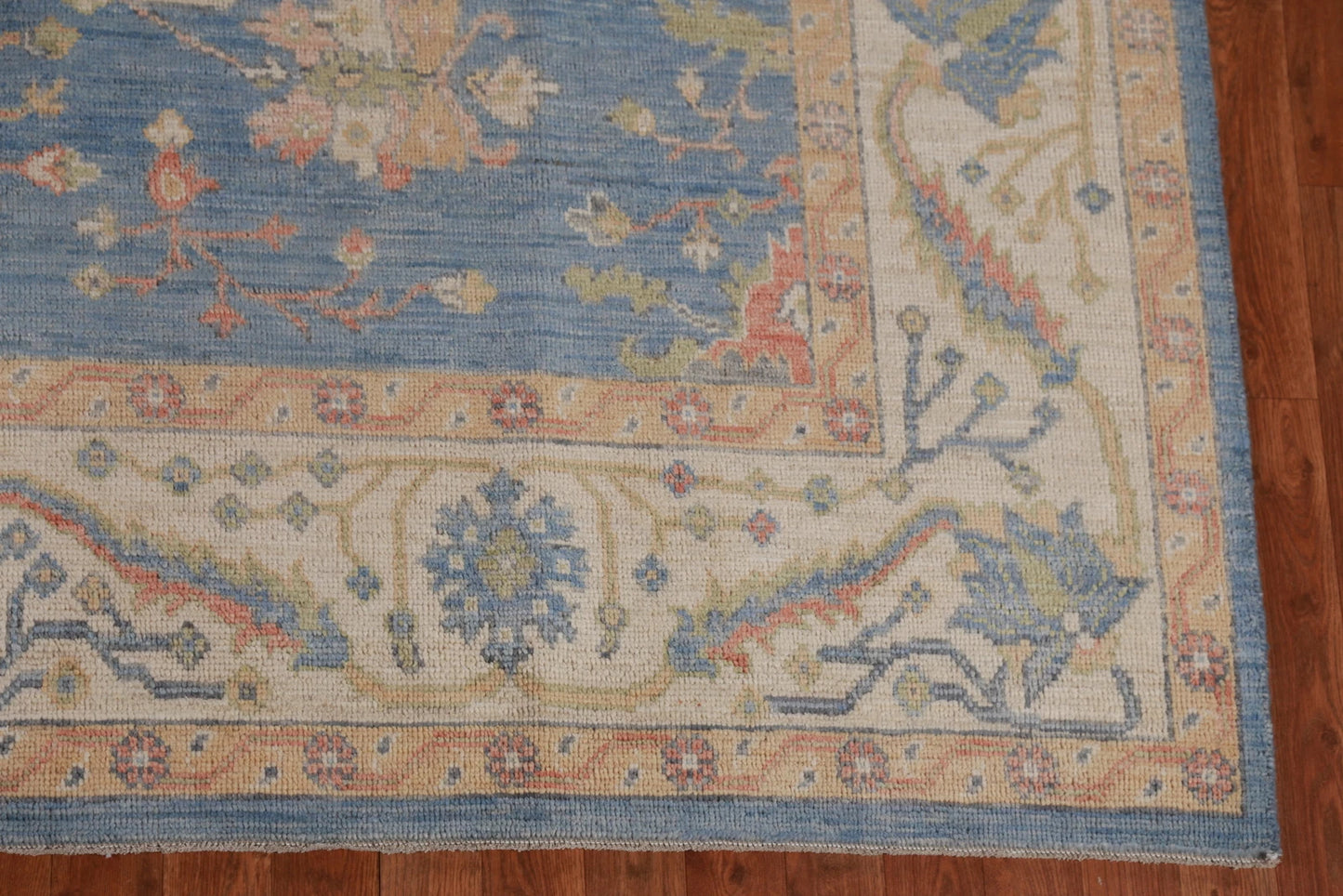 All-Over Floral Oushak Denim Blue and Ivory Antique Oriental 8x10 Hand Knotted Wool Area Rug