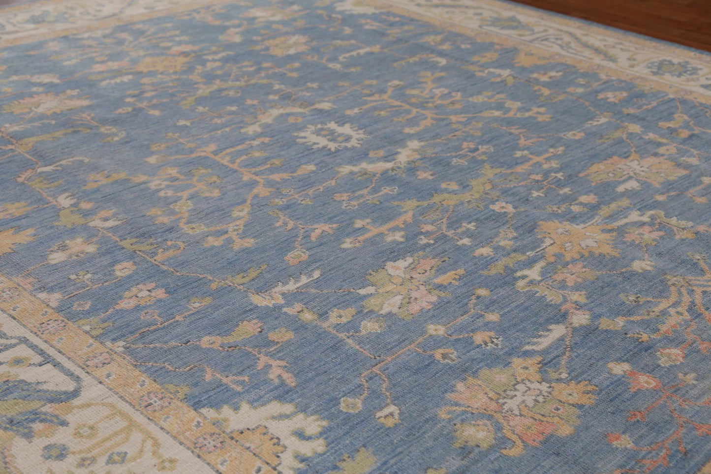 All-Over Floral Oushak Denim Blue and Ivory Antique Oriental 8x10 Hand Knotted Wool Area Rug