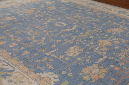 All-Over Floral Oushak Denim Blue and Ivory Antique Oriental 8x10 Hand Knotted Wool Area Rug
