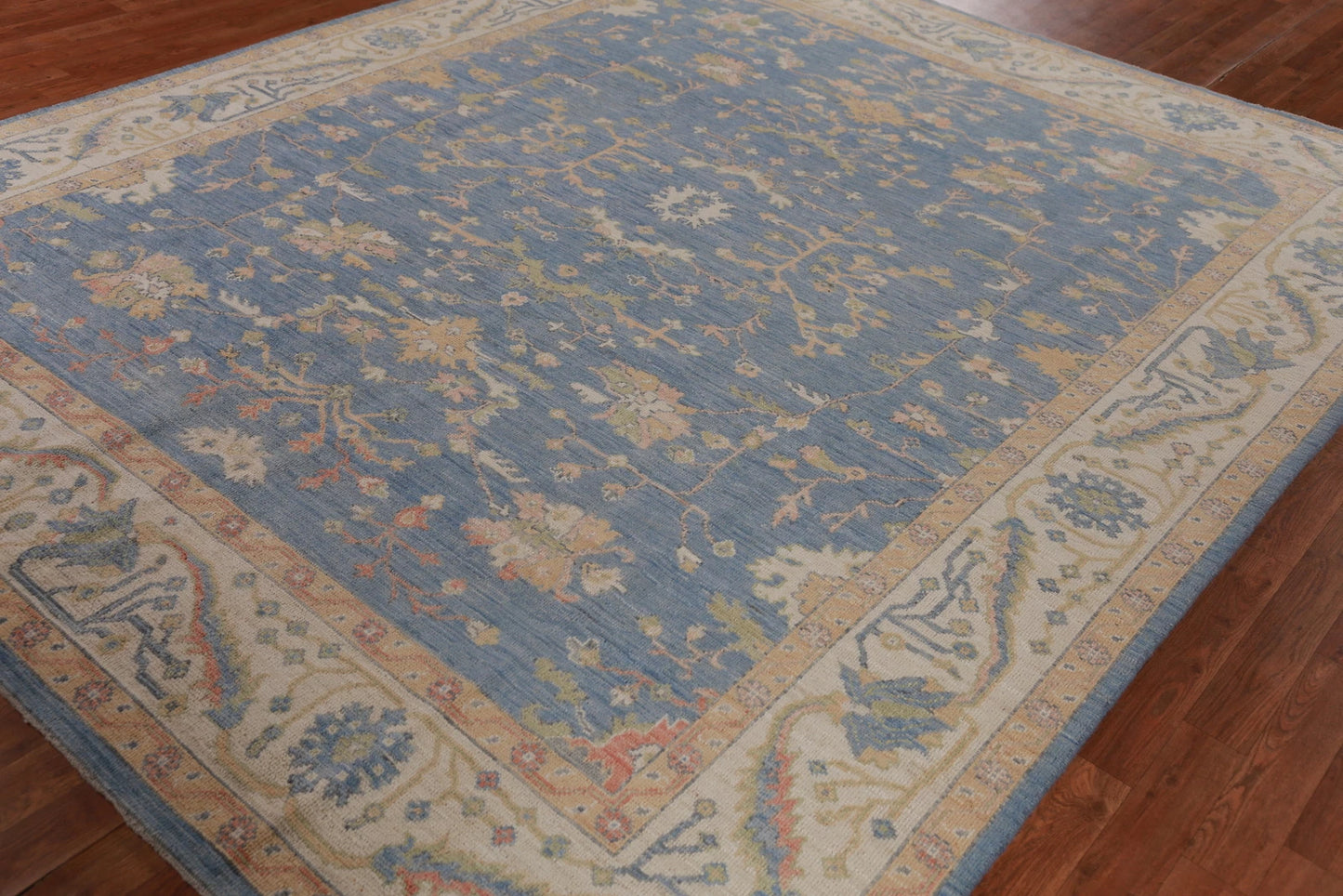 All-Over Floral Oushak Denim Blue and Ivory Antique Oriental 8x10 Hand Knotted Wool Area Rug