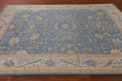 All-Over Floral Oushak Denim Blue and Ivory Antique Oriental 8x10 Hand Knotted Wool Area Rug