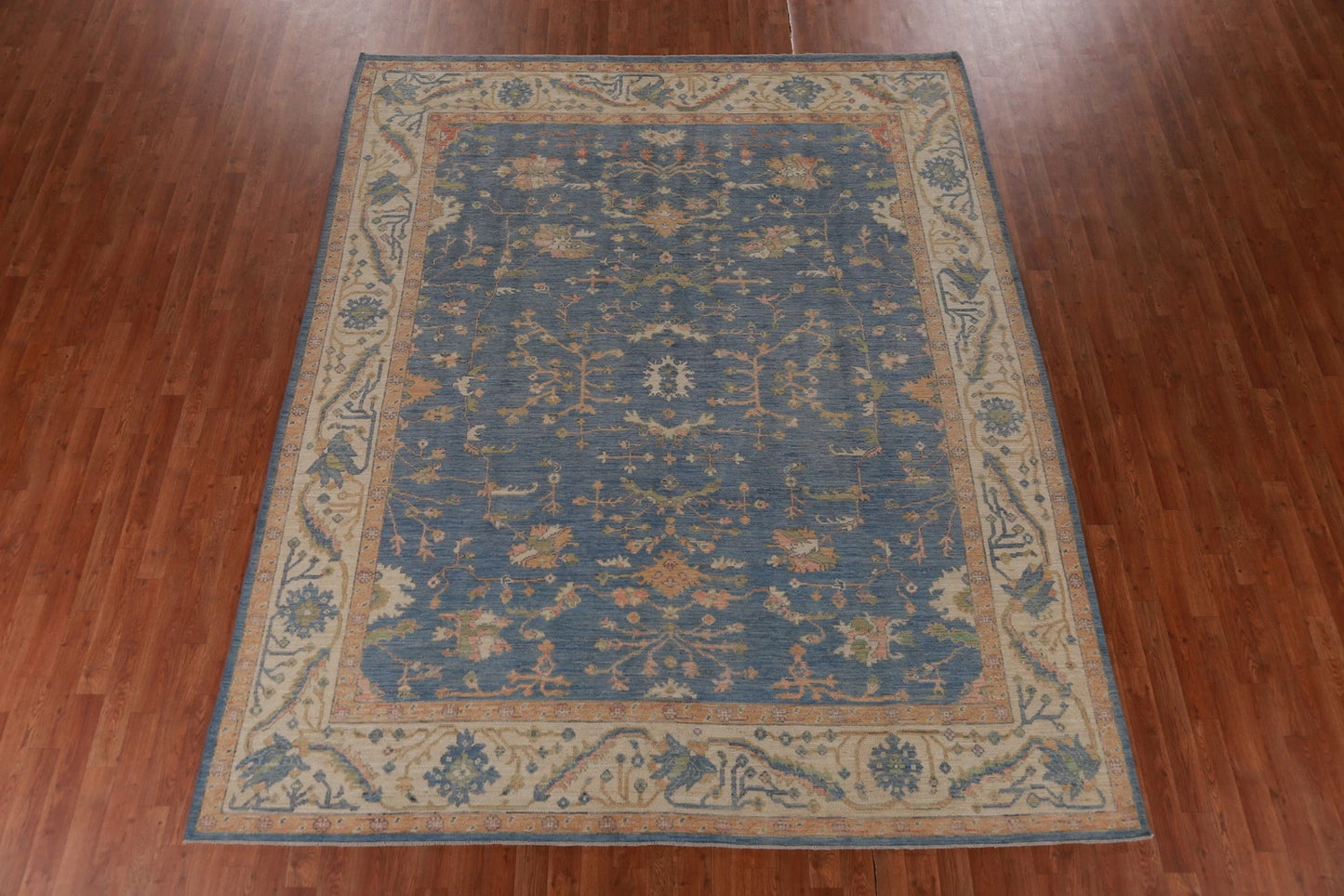 All-Over Floral Oushak Denim Blue and Ivory Antique Oriental 8x10 Hand Knotted Wool Area Rug