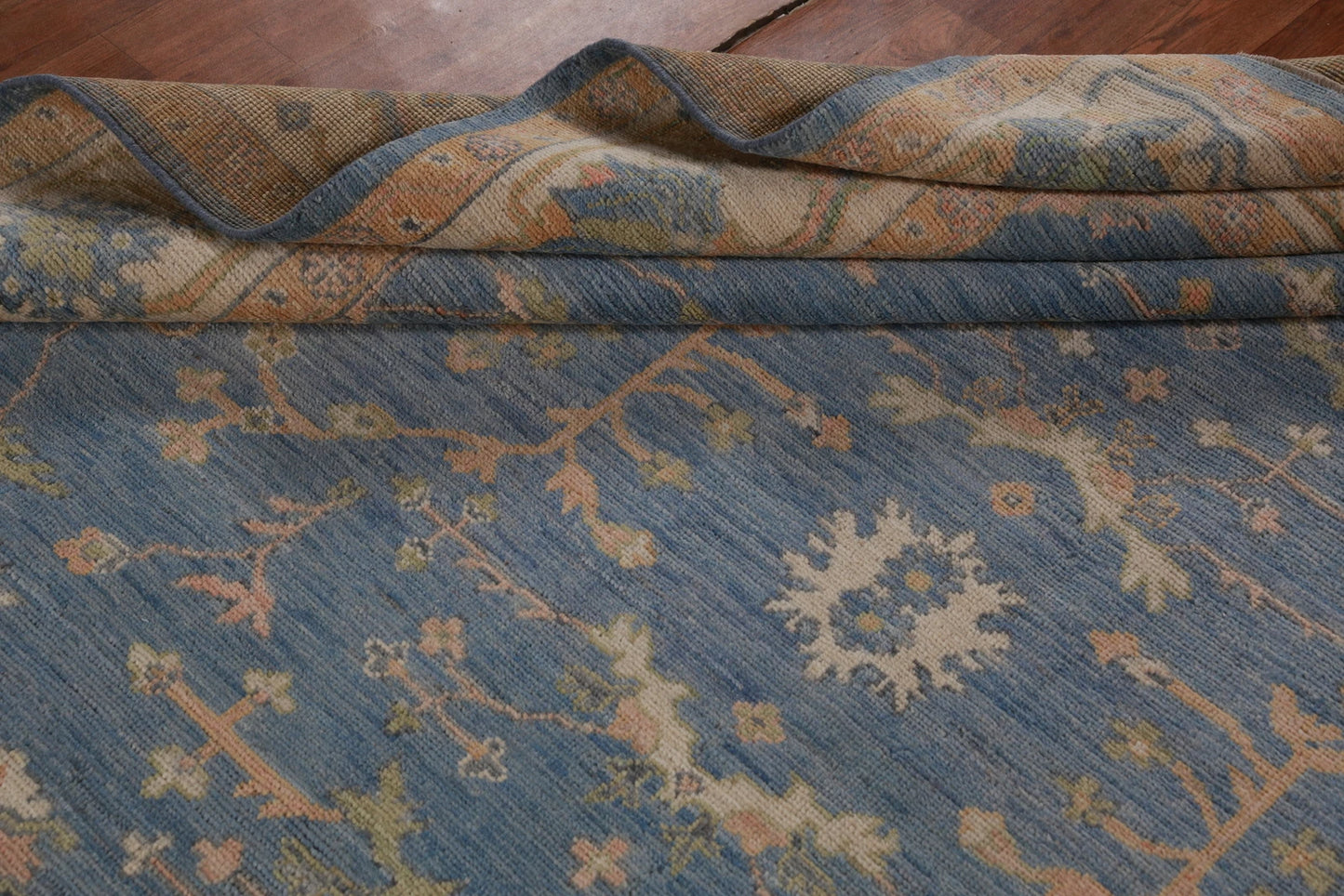 All-Over Floral Oushak Denim Blue and Ivory Antique Oriental 8x10 Hand Knotted Wool Area Rug