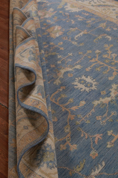 All-Over Floral Oushak Denim Blue and Ivory Antique Oriental 8x10 Hand Knotted Wool Area Rug
