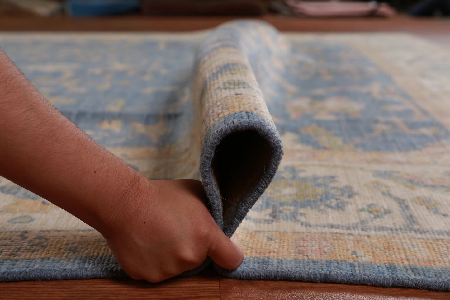 All-Over Floral Oushak Denim Blue and Ivory Antique Oriental 8x10 Hand Knotted Wool Area Rug